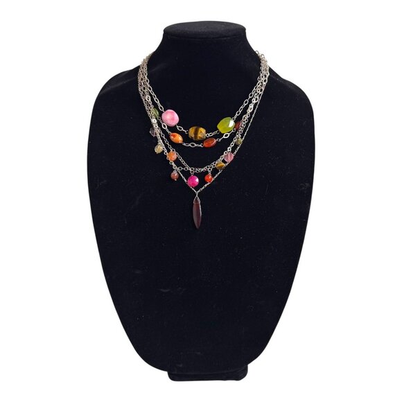 Multi Layered Sterling Silver Bib Necklace Tigers Eye + Colorful Gemstone Beads - Picture 2 of 9
